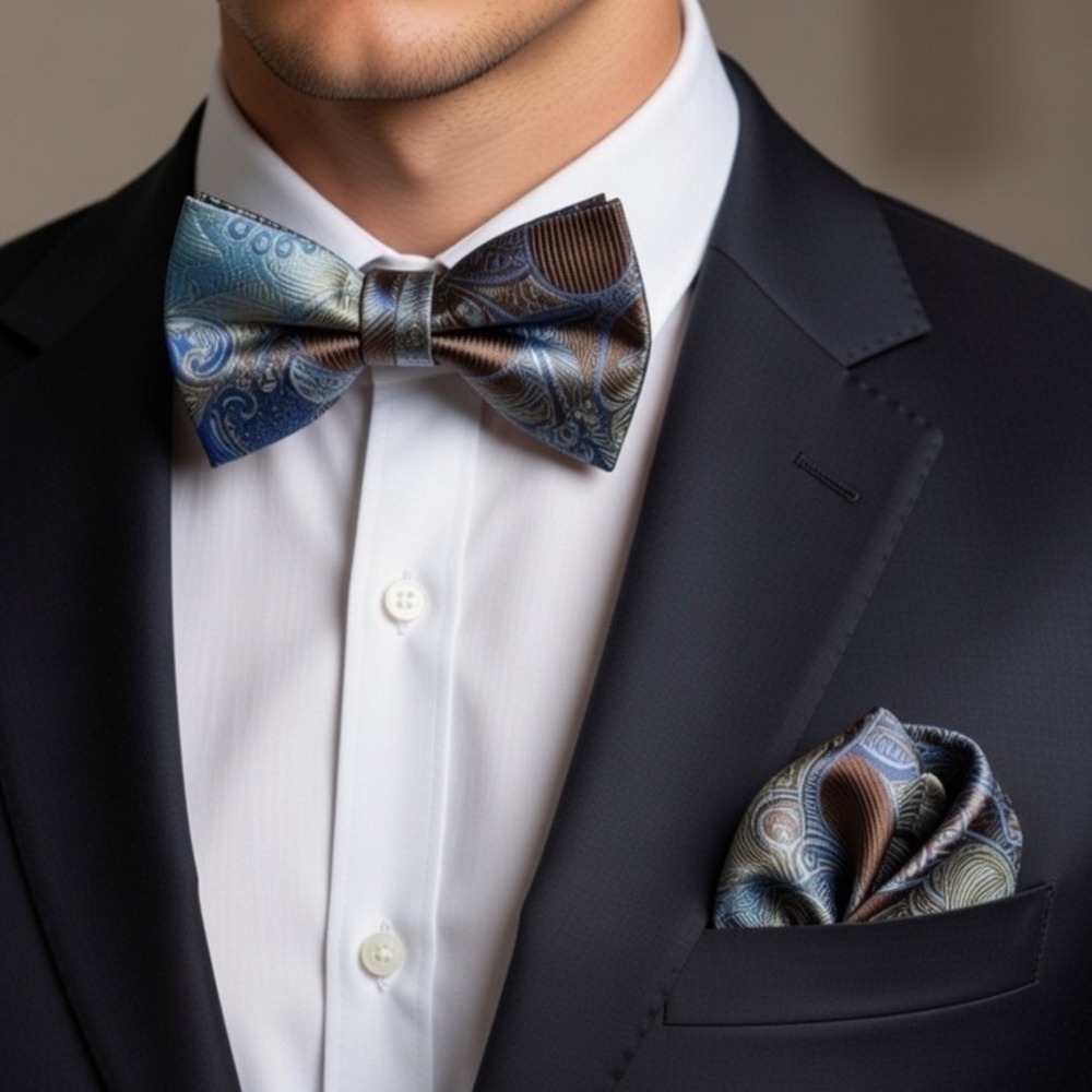 Stacy Adams Mens Bow Tie Pocket Square Matching Set Blue Brown Paisley